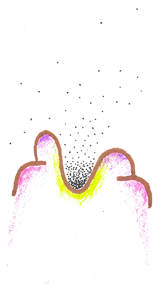 A drawing of a valley in a hill wiht a bunch of little black dots collected in the middle