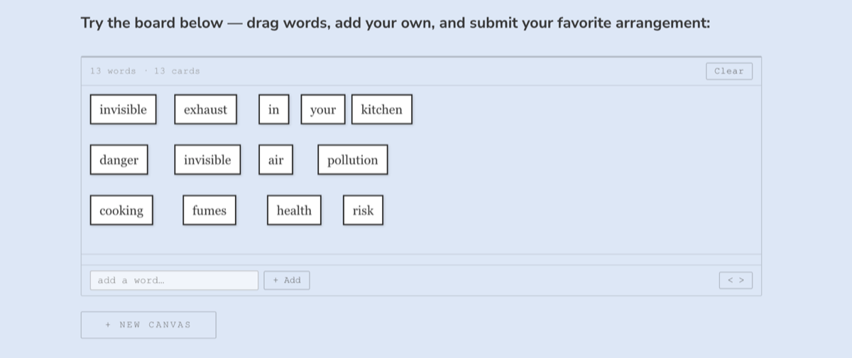 The gas stove fridge magnet board: drag words to co-write a warning about gas stove pollution