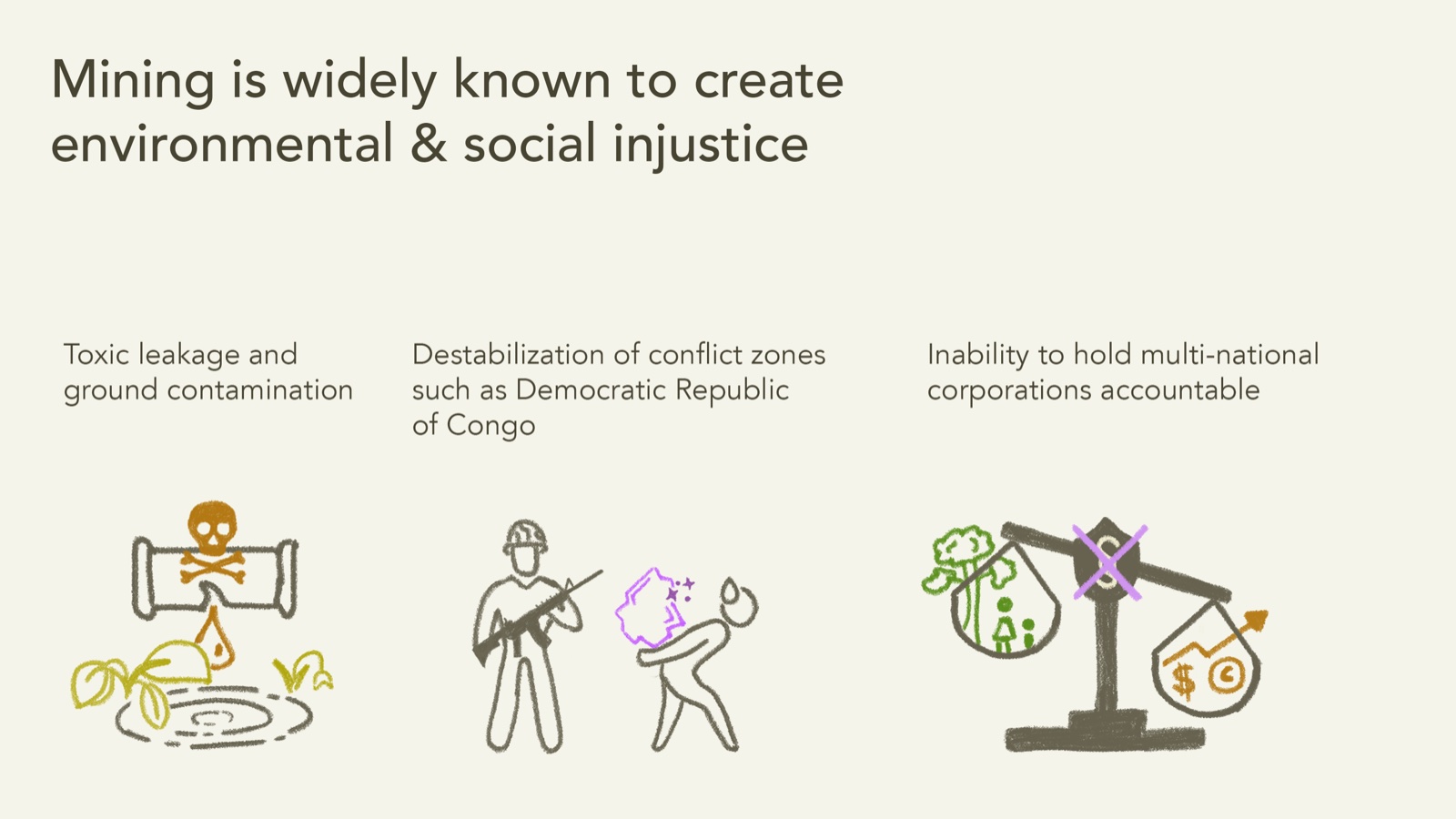 Illustration: mining is widely known to create environmental and social injustice, from toxic leakage to conflict zones to unaccountable corporations
